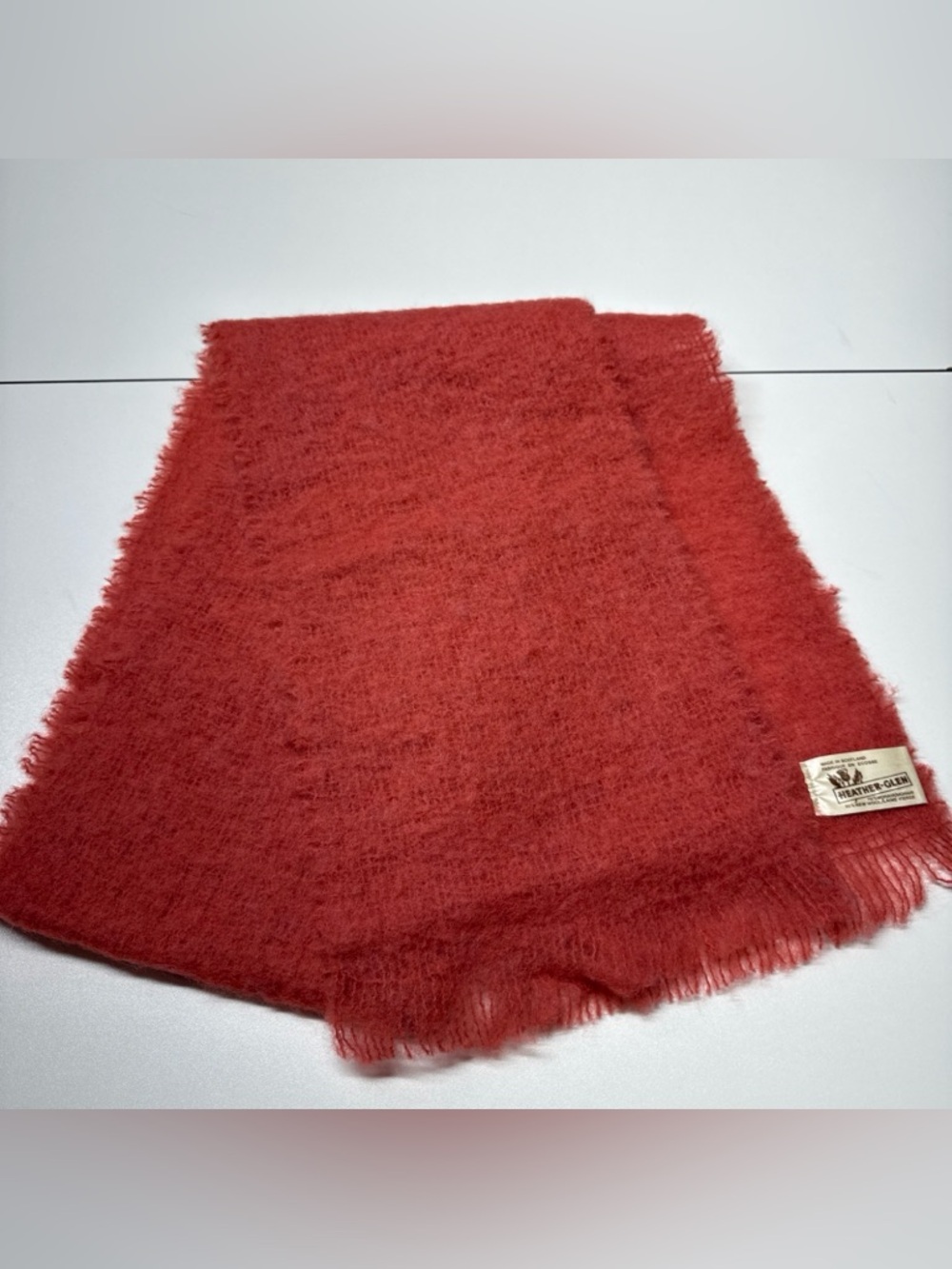 Heather Glen Scotland Mohair Wool Coral Pink Red Scarf 68”x9” Loose Knit Unisex